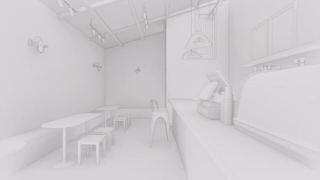 Boceto del interior de restaurante cafeter&iacute;a, v&iacute;deo de animaci&oacute;n 3d 4k 60fps