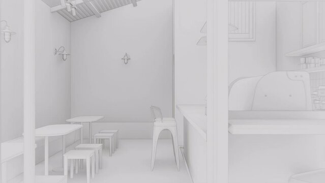 Boceto del interior de restaurante cafeter&iacute;a, v&iacute;deo de animaci&oacute;n 3d 4k 60fps