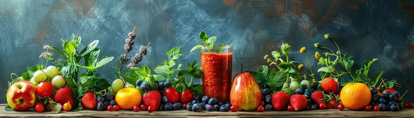 Healthy homemade smoothie with a variety of fruits and herbs. Nutritional concept for clean eating and wellness lifestyle