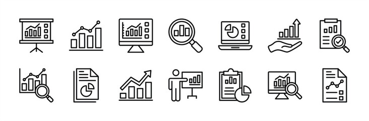 Data analytics thin line icon vector set. Statistical science data information. Containing financial profit graph, database, statistics, chart, presentation, performance. Review results documents - obrazy, fototapety, plakaty