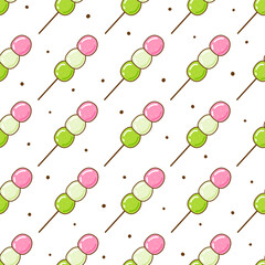 Seamless pattern with hanami dango (three colour dumplings) - cute cartoon illustration of traditional japanese sweets isolated on white background - 767264766