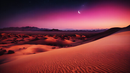 A crescent moon shining brightly over a tranquil desert landscape, with vibrant hues of orange and pink in the sky - obrazy, fototapety, plakaty