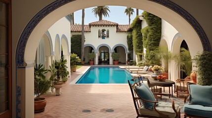 Sumptuous Mediterranean Revival arched loggia with terra cotta floors stucco walls and view over lavish tiled pool courtyard. - obrazy, fototapety, plakaty
