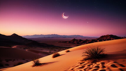 A crescent moon shining brightly over a tranquil desert landscape, with vibrant hues of orange and pink in the sky