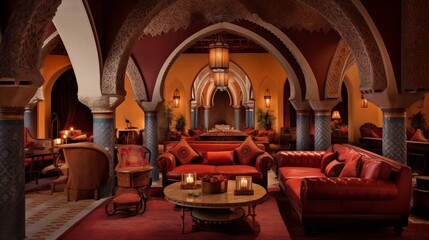 Sumptuous Moroccan lounge with vaulted carved wood ceiling rich tilework arched doorways and plush seating. - obrazy, fototapety, plakaty