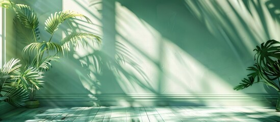 Abstract green gradient background for presenting products in a studio setting. The room is empty with window shadows, flowers, and palm leaves. It is a 3D room with space for text.