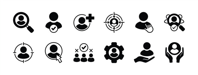 Recruitment icon set. Containing recruit, human resources, headhunting, hiring, candidate, employee, job, occupation, search, addition. Vector illustration