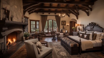 Sumptuous Old World master retreat with vaulted wood beam ceilings carved stone fireplace and private verandah access. - obrazy, fototapety, plakaty