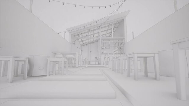 Boceto del interior de restaurante cafeter&iacute;a, v&iacute;deo de animaci&oacute;n 3d 4k 60fps