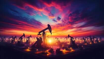 Multiple Oil Derricks And Pumpjacks Against A Vibrant And Colorful Sky - obrazy, fototapety, plakaty