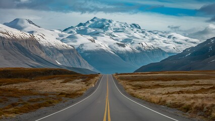 Scenic journey road leads toward majestic snowy mountain vista - obrazy, fototapety, plakaty