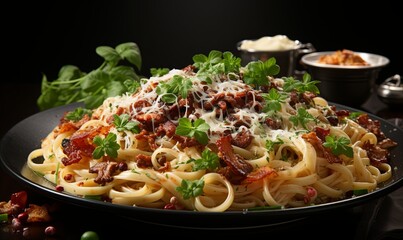Plate of Pasta With Meat and Parmesan Cheese