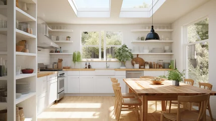 Fotobehang Sun-drenched eat-in kitchen with butcher block island open shelving and classic farmhouse vibes. © Aeman