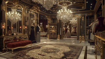 Transport yourself to a realm of opulence and grandeur within the confines of a 3D-rendered fashion boutique. - obrazy, fototapety, plakaty