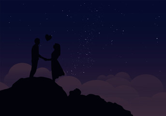 Silhouette of romantic couple holding their hands while standing on the hill. Couple in Love Having Romantic Date at starry night. Man and Woman Holding Hands vector illustration. Lovely Relationship