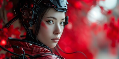 Cybernetic woman with a gaze reflecting a blend of humanity and technology, amid a sea of red and black