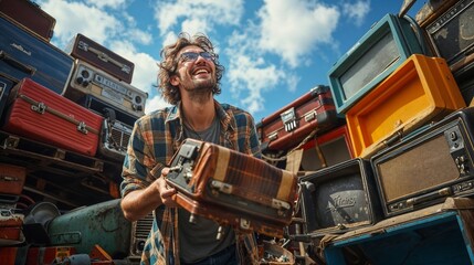 Joyous young man with vintage radios, lost in the vibrant euphoria of retro technology and memories at an outdoor flea market - obrazy, fototapety, plakaty