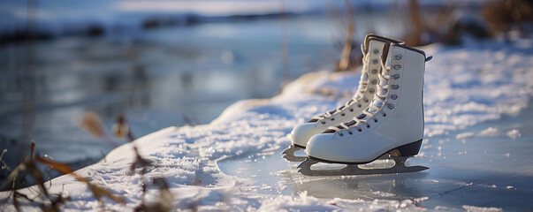 A pair of ice skates left on the edge of a frozen pond, the details of the skates and ice crisp against a softly blurred background of a snowy landscape.  - obrazy, fototapety, plakaty
