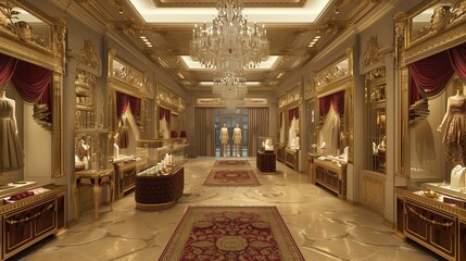 Transport yourself to a realm of opulence and grandeur within the confines of a 3D-rendered fashion boutique. - obrazy, fototapety, plakaty