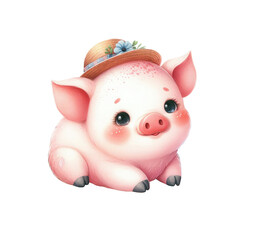 Funny pink piglet pig in a hat isolated on a white background. Watercolor illustration