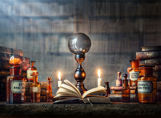Alchemy,  Halloween, magic, witchcraft, fortune telling, mysticism background. Magic crystal ball, ritual books and bottles of potion and poison. Occultism, astrology, alchemy, magic, witch banner. - 767266575
