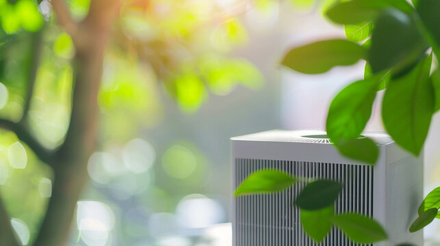 Compact air purifier in a cozy room soft focus on green leaves outside symbolizing clean fresh air indoors