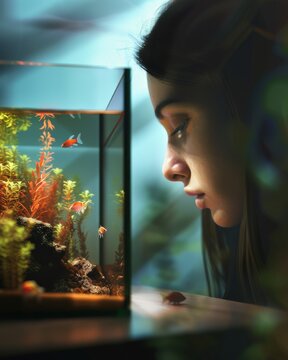 Captivated by marine life, a young woman explores an aquascape in her living room, merging with the serenity of an underwater world amidst the city's rush