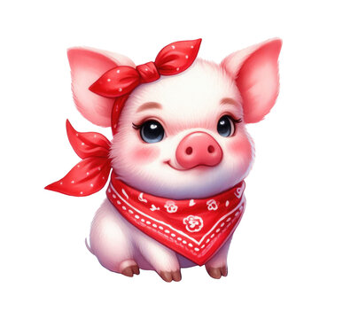 Funny pink pig in a red bandana isolated on a white background. Watercolor illustration