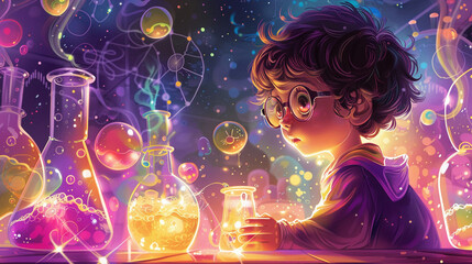 Inquisitive child scientist in a makeshift lab marveling at bubbling potions and colorful reactions with wideeyed wonder