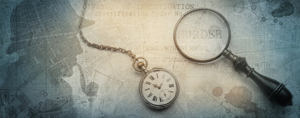 Sherlock Holmes Profile, magnifier, blood drops, clock, map and police form. Old background on the...