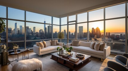 Park-side high-rise condo with walls of windows and sweeping city panoramas.