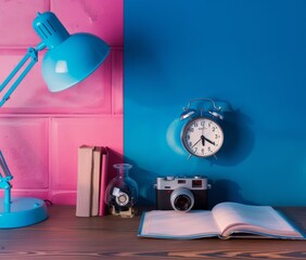 Retro-inspired still life with analog clock, film camera, and classic books, capturing the timeless...