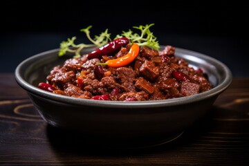 Refined chili con carne on a rustic plate against a white background