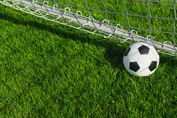 textured soccer game field with ball in front of the soccer goal - soccer ball in soccer net.