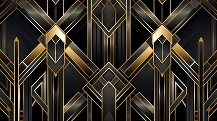 A print of geometric shapes in black and gold. The design features symmetrical patterns with white lines on the dark surface.