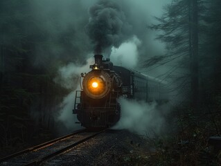 Enveloped in the dense mist of a dark forest, the old steam train moves, its engines throbbing like the heart of the wilderness