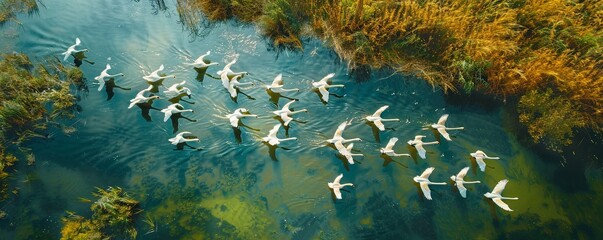 Elevated tranquility, a graceful flock of swans glides on serene waters, nature's ballet from above