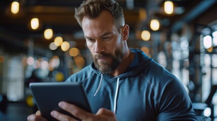 Obraz premium sport, fitness, lifestyle, technology and people concept - close up of trainer hands with tablet pc computer working out in gym