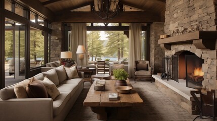 Fototapeta premium Ranch-style rustic living room with wood plank ceilings oversized stone fireplace and cozy furnishings.