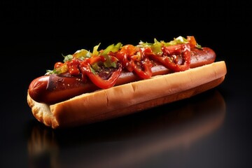 Juicy hot dog on a slate plate against a white background