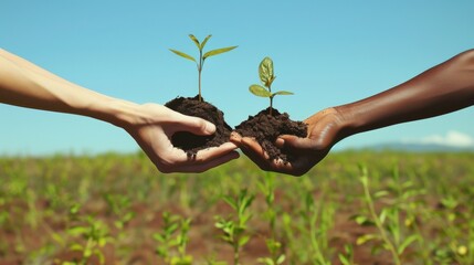 United in conservation: Diverse hands tenderly unite to plant seedlings against a backdrop of a flourishing field and clear sky