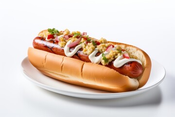 Delicious hot dog on a porcelain platter against a white background