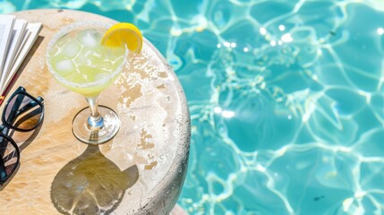 A classic Margarita with a salted rim and lemon garnish sits poolside, embodying the essence of summer leisure. The refreshing cocktail and tranquil pool backdrop 