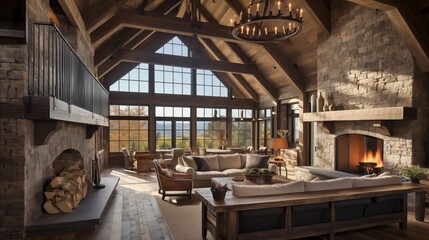 Reclaimed barnwood living room with soaring ceilings salvaged wood beams and rustic stone fireplace.