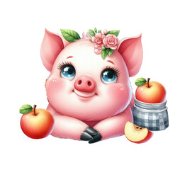 Cute pig pig with apples isolated on white background. Watercolor illustration