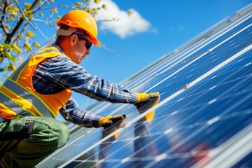 A worker in a protective helmet is installing solar panels.
