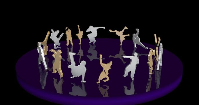 Break Dancers 3D Models Rotate on Glossy Platform in Alpha Channel