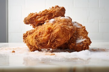 Exquisite fried chicken on a marble slab against a white background