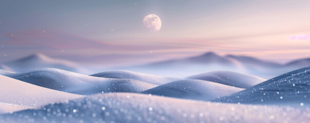 A series of snow-covered hills under a moonlit sky, the landscape and moon casting soft shadows and...