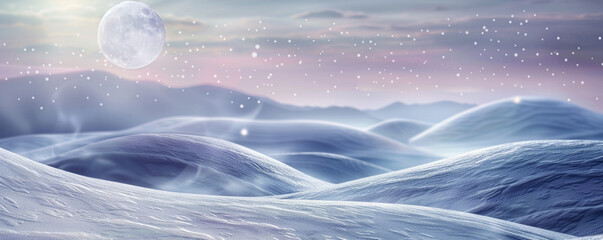 A series of snow-covered hills under a moonlit sky, the landscape and moon casting soft shadows and...